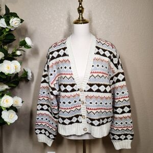 American Eagle Fair Isle Knit Cardigan Sweater Size M Cream Gray Button Front